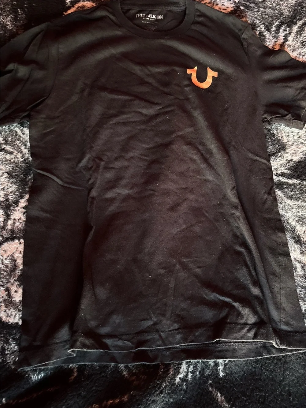 True Religion Black Short-Sleeve Tee with Orange Horseshoe